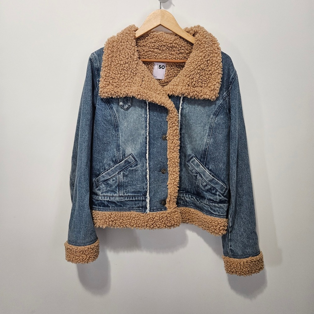 Denim Penny Lane Jacket Small Coat Y2K Faux Shearling Fur Trim Trucker Sherpa